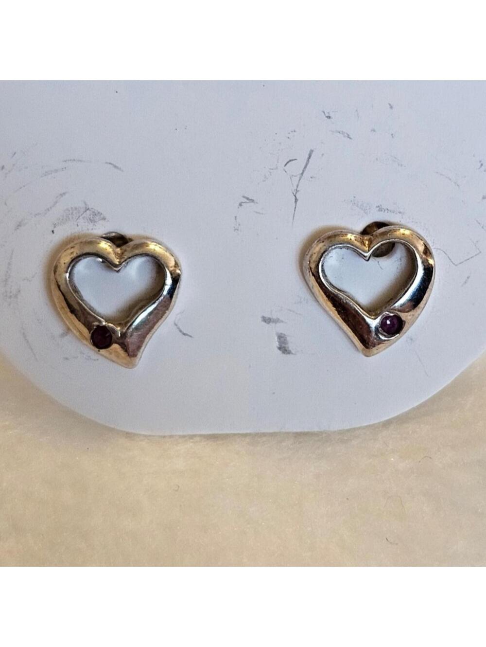 Sterling Silver 925 Heart Earrings With Small Red Stones